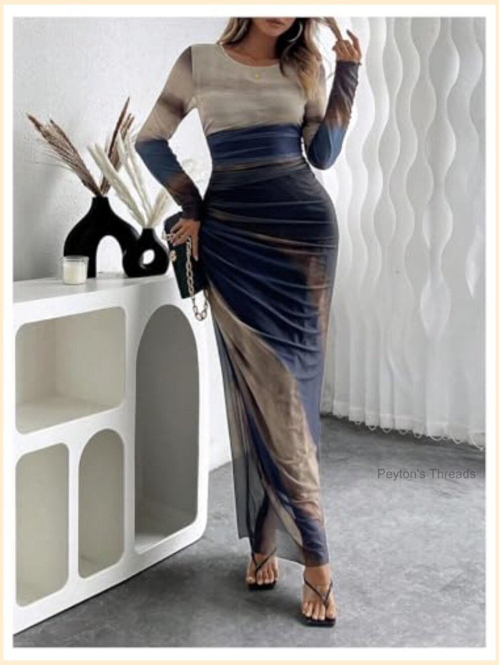 Long Sleeve Maxi Bodycon Dress Tie Dye Ruched Mesh Layer Prom Formal Wedding - Picture 6 of 7